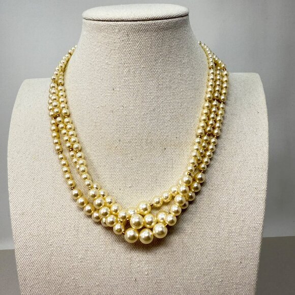 Vintage‎ Multi-Strand Imitation Pearl Necklace Gold-Tone Spacer Beads Classic - Picture 7 of 8